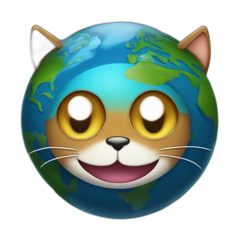 planet Earth with a cartoon grinning cat face with big eyes emoji