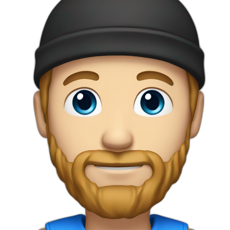 Guy with light brown hair, beard and blue eyes and a black bonnet emoji