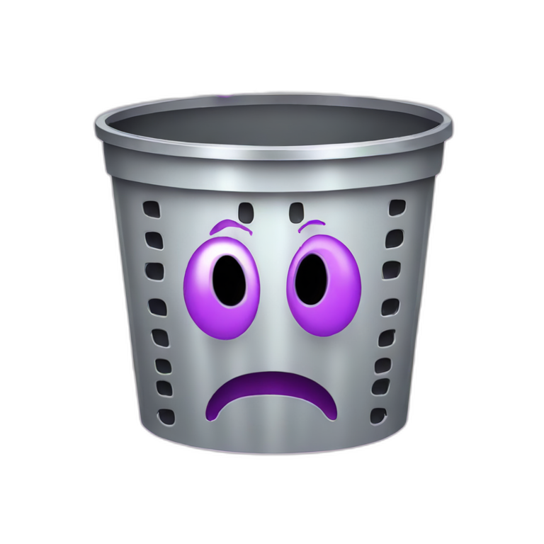 silver trash bin with smiley face full of one big purple brain emoji