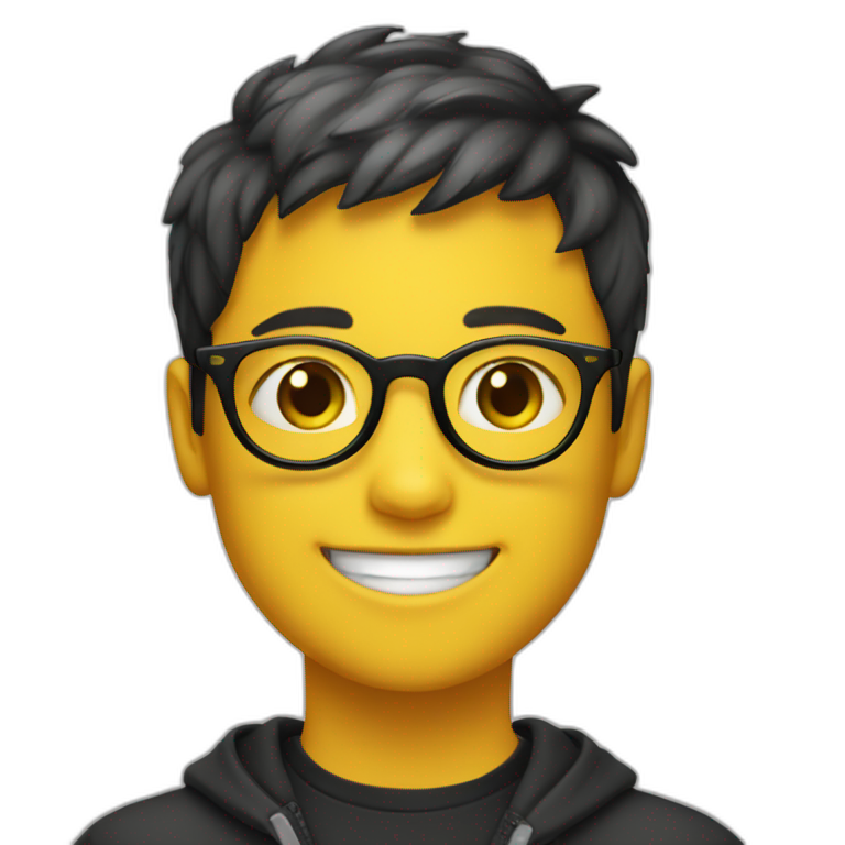A smiling boy with short hair and yellow skin wearing black-framed round glasses emoji
