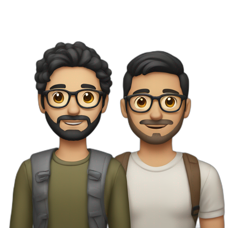 Gay couple of a 32 years old Colombian man with beard and, black hair and brown holding hand with a Vietnamese man, 21 years old, NO BEARD, with old style glasses emoji