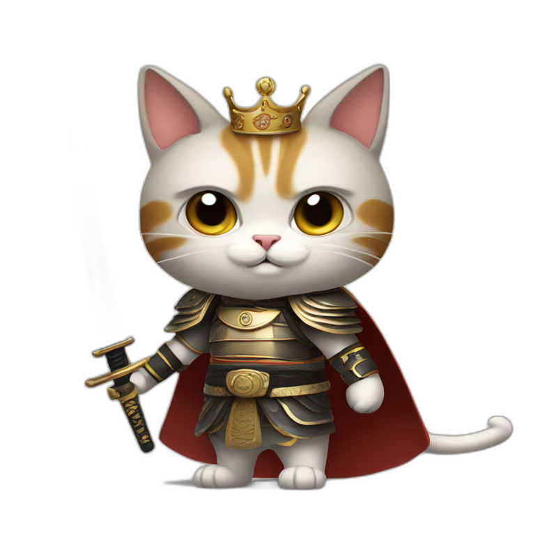 cat with bad face and big wings and holding a samurai sword and dressed like a king and fly emoji