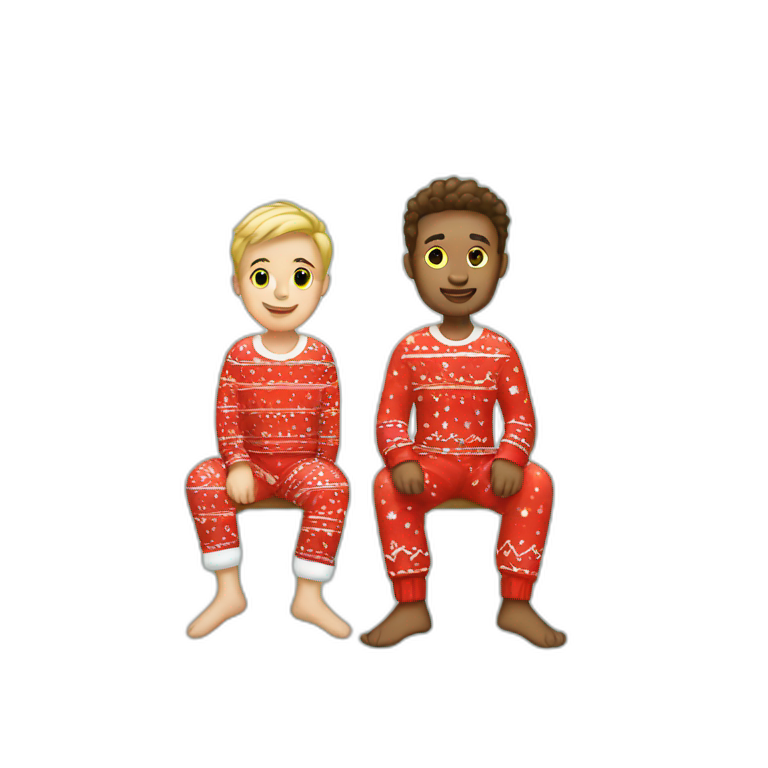 white gay couple sitting in christmas pajamas emoji