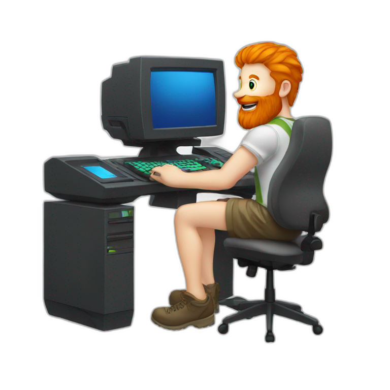 ginger man with beard playing gaming computer emoji