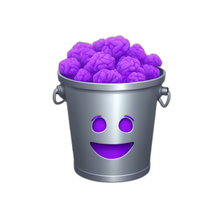 a silver trash bin with a smiley face full of purple brain emoji