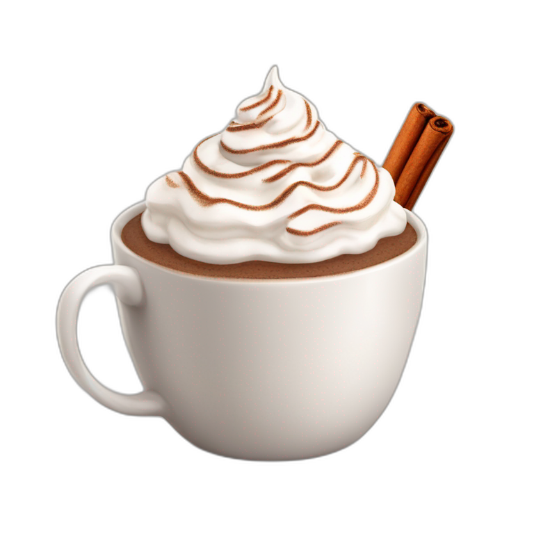 white mug of hot chocolate with whipped cream and cinnamon on top emoji