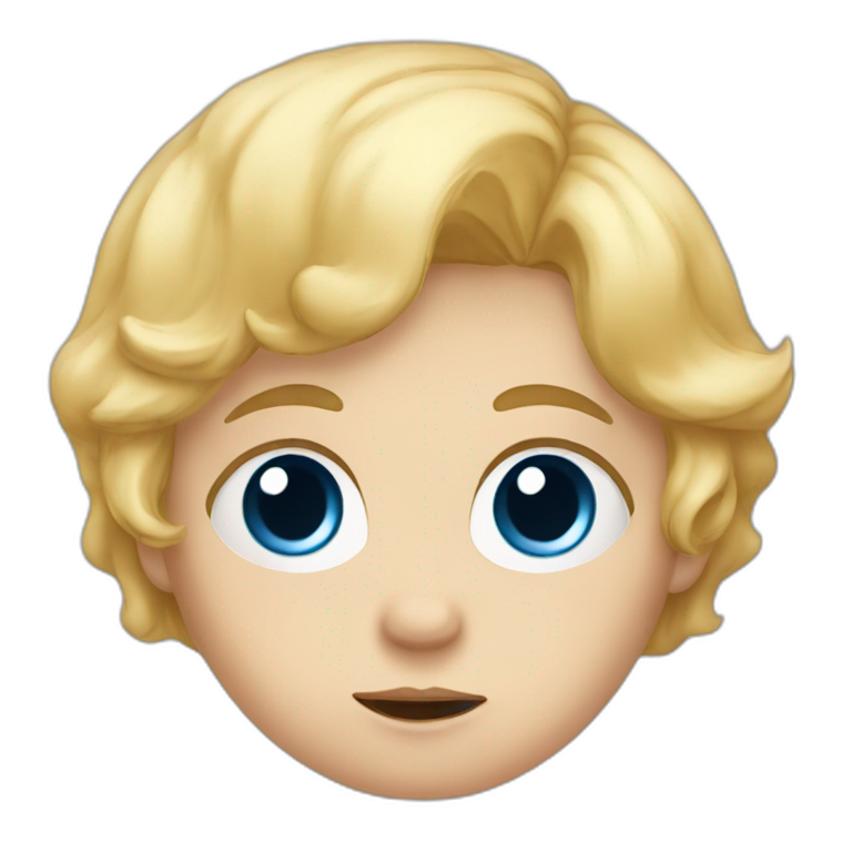 A baby with blond hair, blue eyes and a blue t-shirt and a sad face emoji