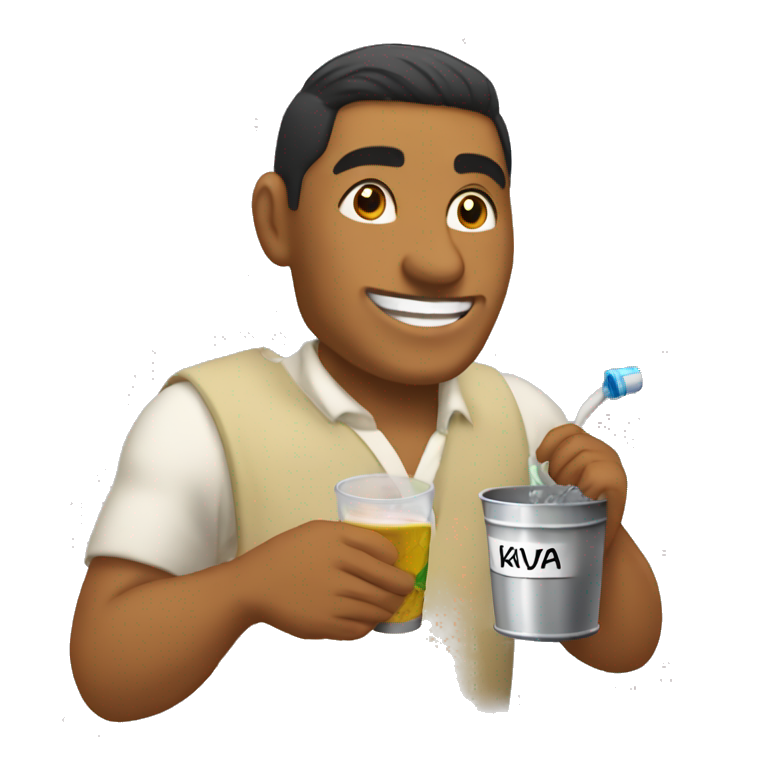 A tongan man with a name tag that says Tavake and he is drinking a bucket of kava emoji