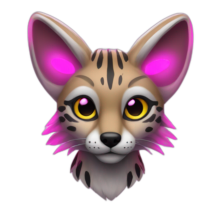 Coyote ocelot with grey and black fur and phoenix wings and pink ears, neon lights emoji