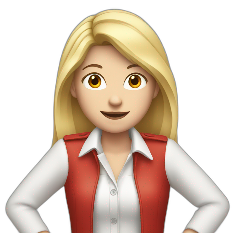 Young white woman, wearing white shirt and red jacket, both hands up  emoji