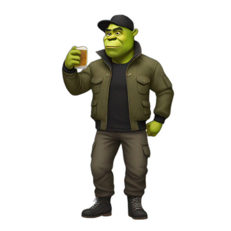 Shrek in cargo pants, black bomber jacket and hat emoji
