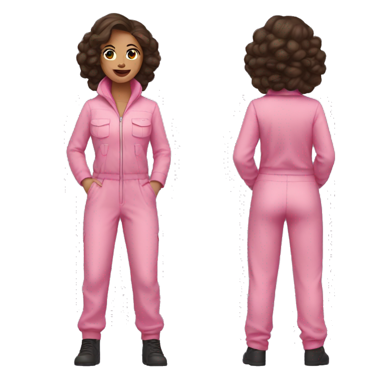 Woman dark brown hair  pink  full body jumpsuit flying emoji