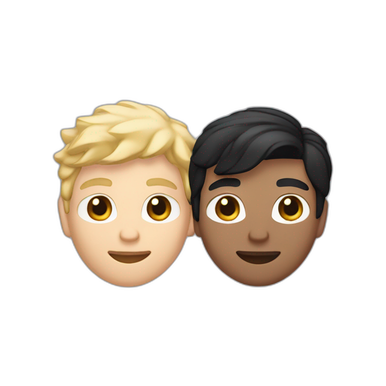 Gay couple, 1 guy Latino black straight black hair and 1 Australian white guy with blonde slightly curly hair holding a cat emoji