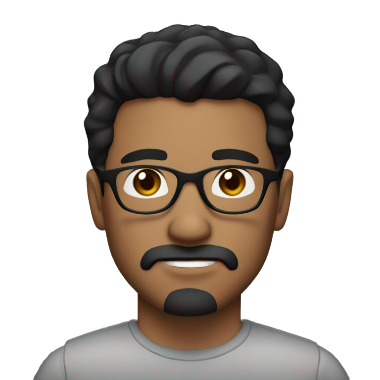 a man with black short hair, glasses, brown eyes and a dark short mustache and a goatee. emoji