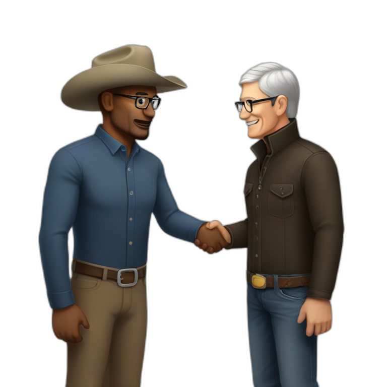 Tim Cook in turtle neck shaking hands with a cowboy emoji