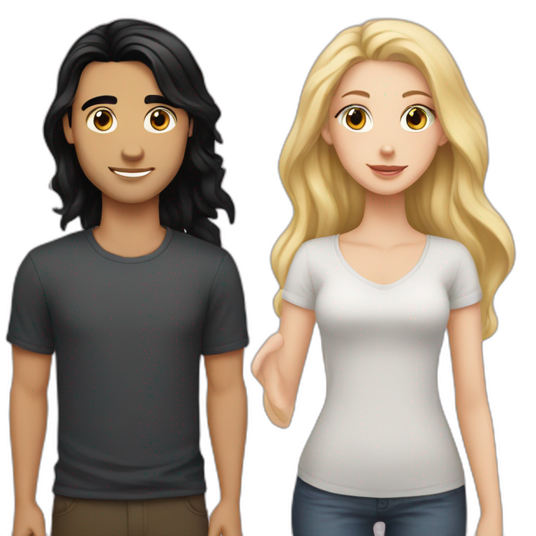 a white girl with black straight hair in love with a white guy with black wavy hair  emoji