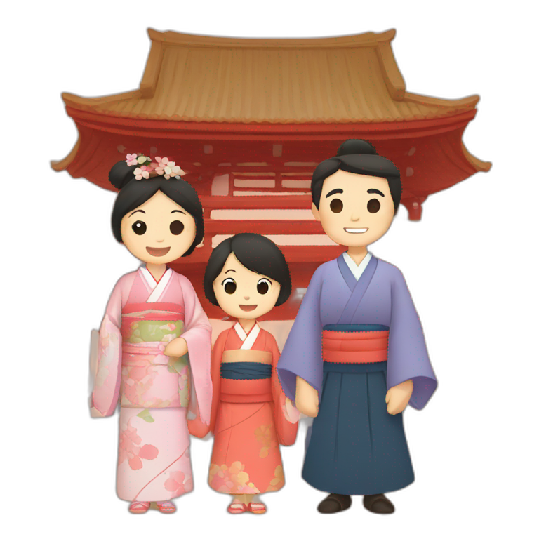 father, mother, and two kids with kimono in a temple emoji