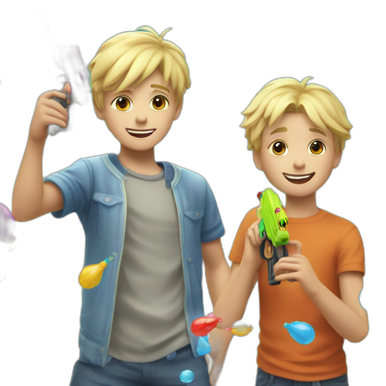 a 11 years old blonde boy and a 5 old years boy playinh wiyh water guns emoji