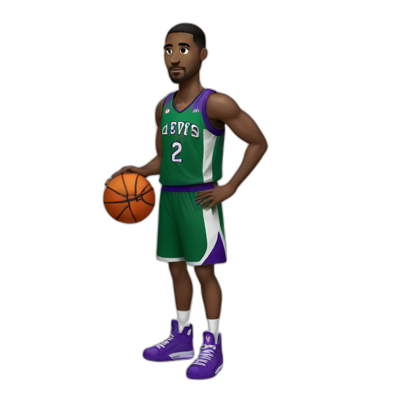 a basketball player in a black, green and purple uniform emoji