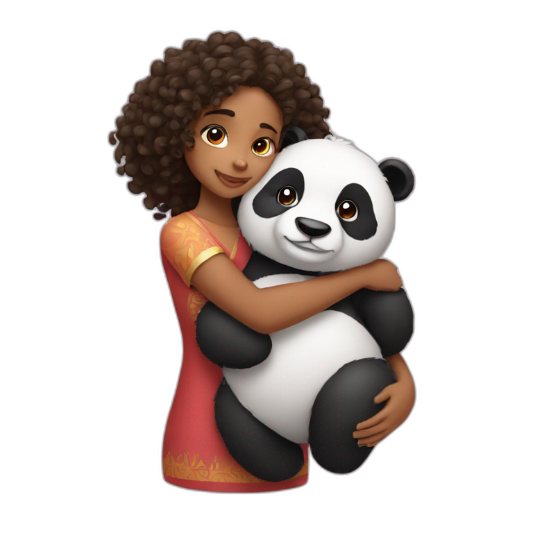 indian girl with curly hair hugging panda emoji
