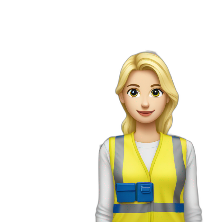 Ikea coworker blond woman blue stripes blue t-shirt and yellow security vest scanning palets emoji