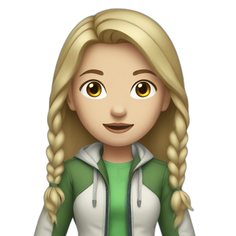 Girl with tied hair and blue eyes, white shoes, green jacket and jeans emoji