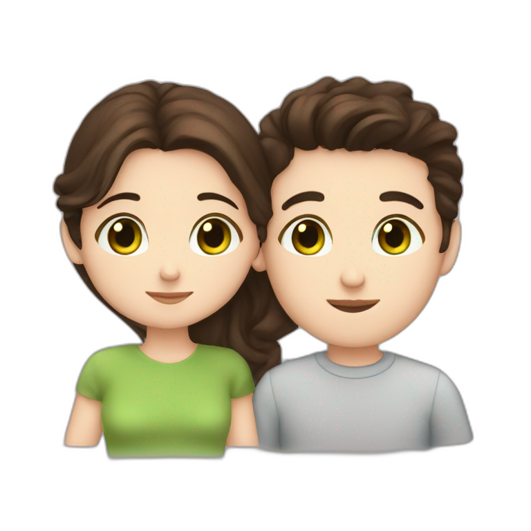 Girl with blue eyes and brown hair kiss boy with green eyes and dark brown hair emoji