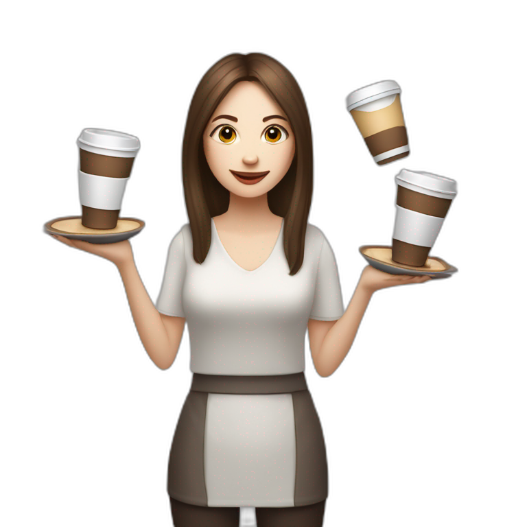 woman juggler with long straight brown hair and pale skin juggling both coffee cups and miniature laptops in the air emoji