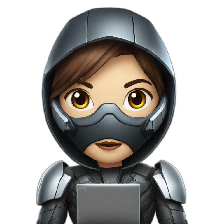 Girl developer behind his laptop with this style : Crytek Crysis Video game with nanosuit character hacker themed character emoji