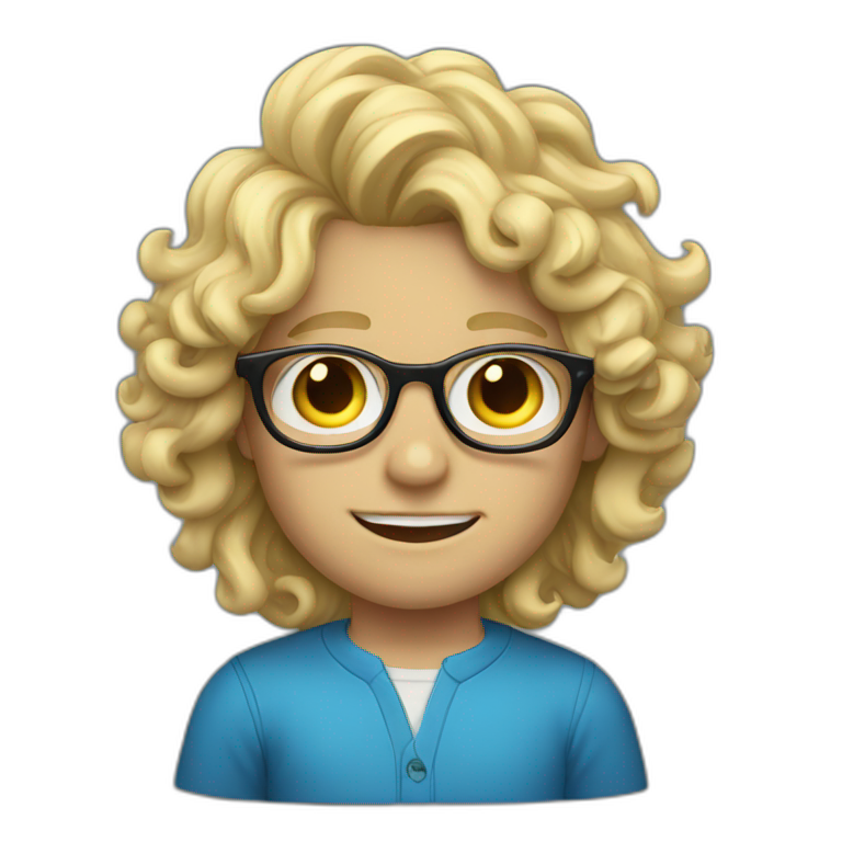 Blond Boy with long curly hair and round blue glasses emoji