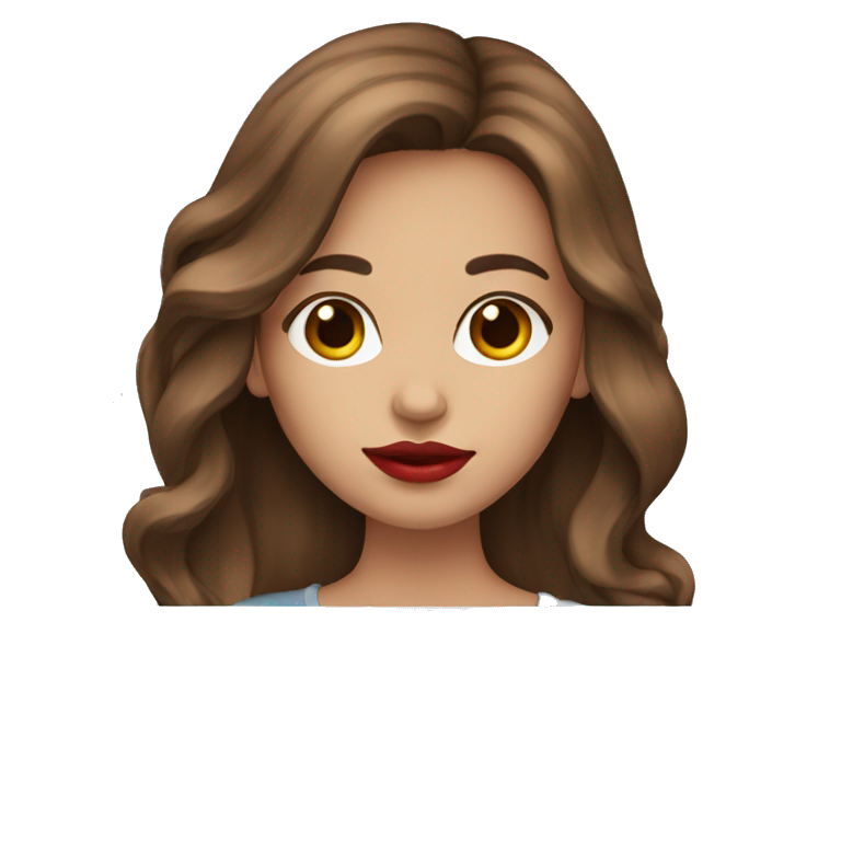 A girl with long brown hair holds a laptop Red lips emoji
