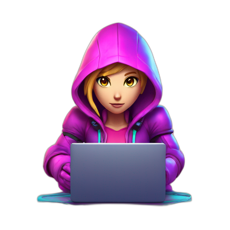 Girl developer behind his laptop with this style : Nintendo Samus Video game neon glowing bright purple character pink lack hooded hacker themed character emoji
