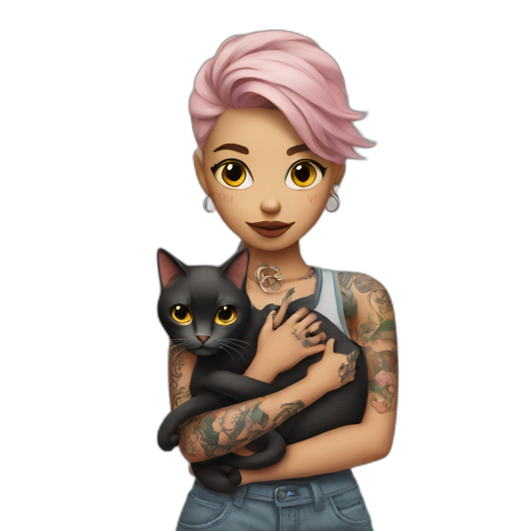 girl in tattoos with a cat in her arms emoji