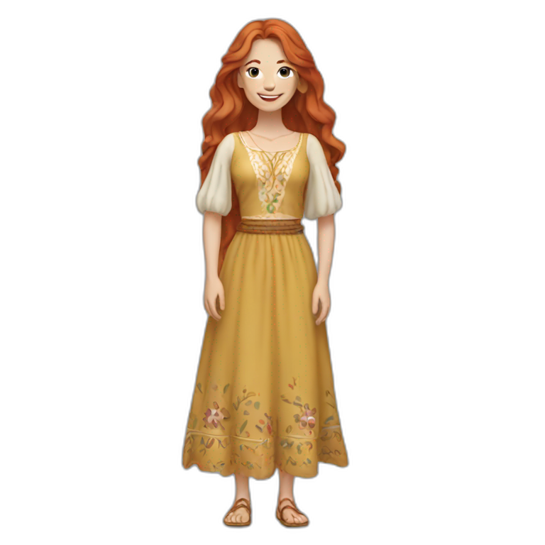 redhead white woman long hair, smiling, wearing boho dress emoji