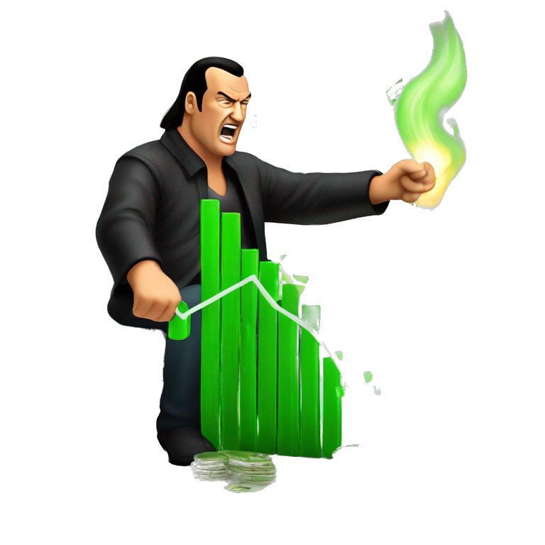 Steven Seagal beating a green graph chart candle while money flying emoji