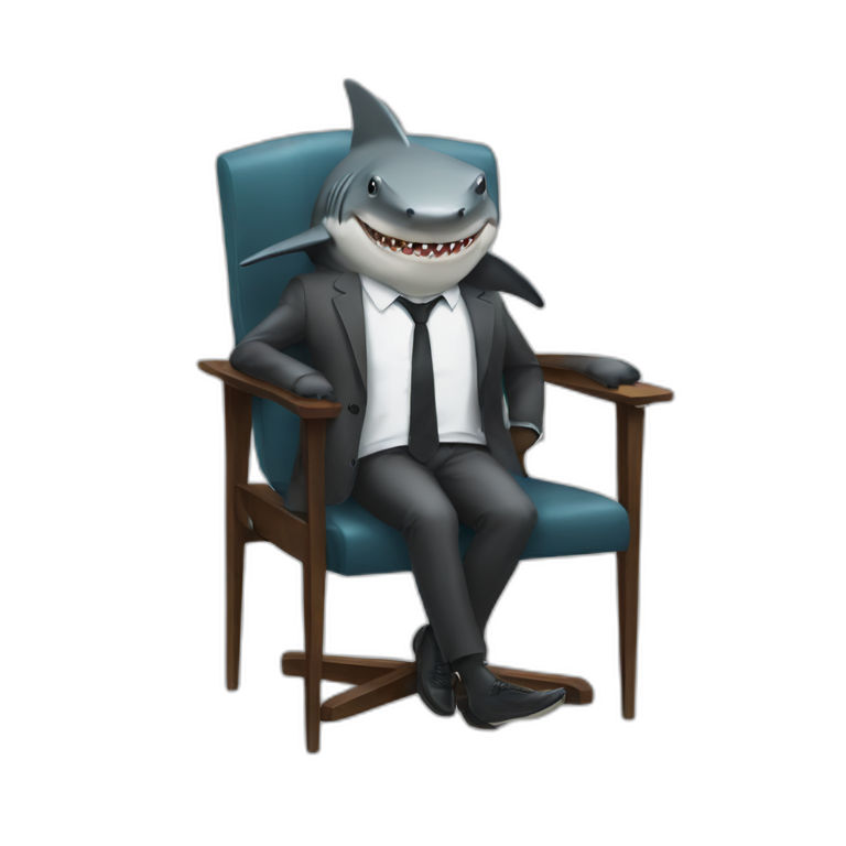 A shark sitting on a chair wearing a suit looking straight emoji