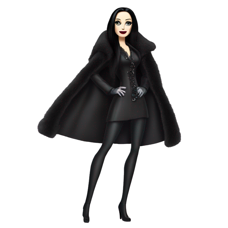 Dazzling Winter Barbie Morticia Addams Wearing coat gloves boots emoji AI Emoji Generator