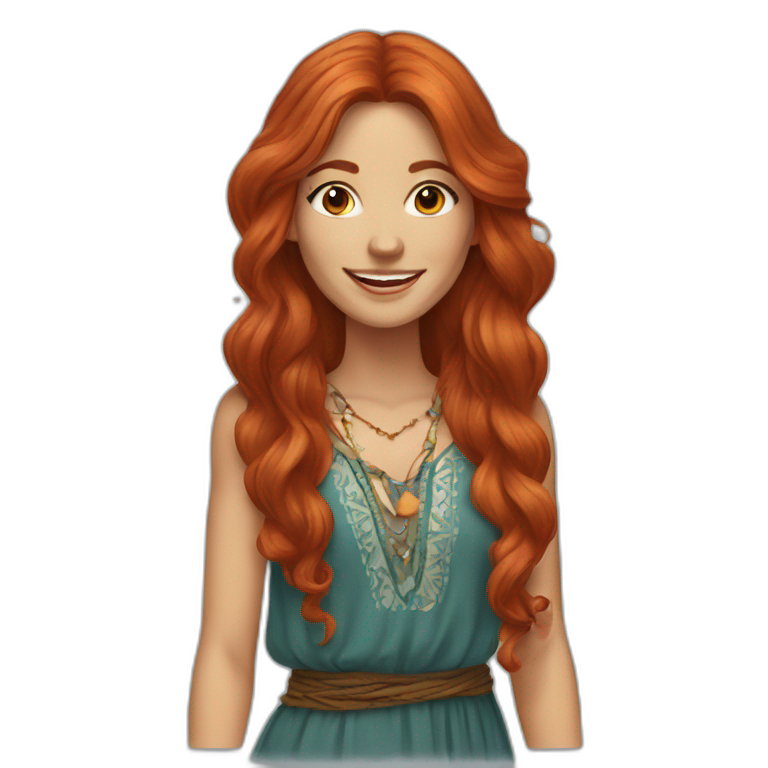 long hair redhead woman, smiling, wearing boho dress emoji