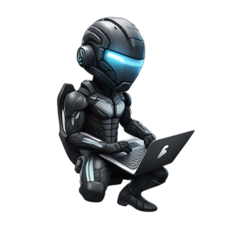 developer behind his laptop with this style : Crytek Crysis Video with nanosuit hacker themed character emoji