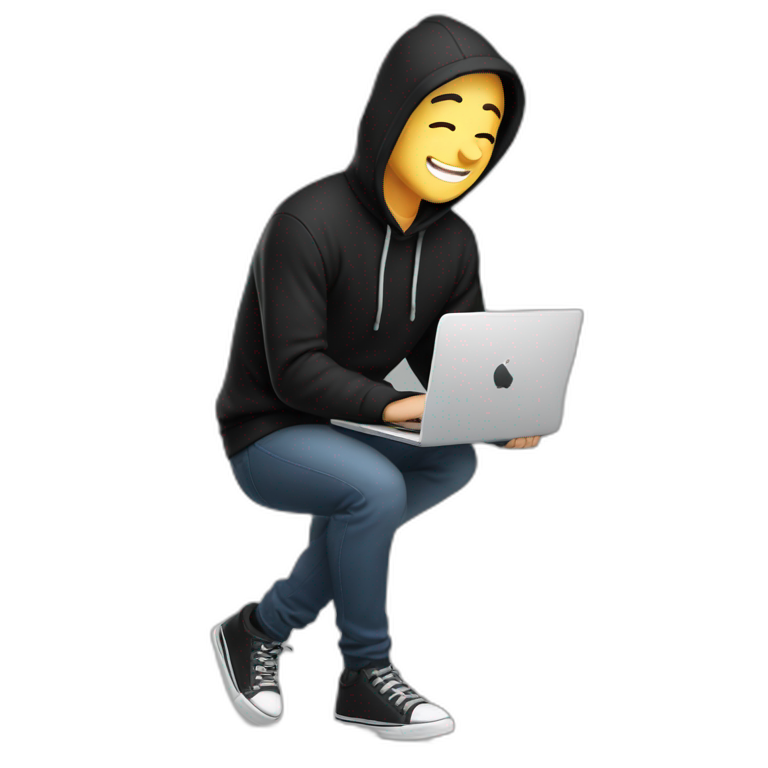 eyes-closed-laughing-male-with-regular-skin-and-blue-eyes-wearing-black-beanie-and-black-hoodie-and-holding-a-laptop-not-full-body-shot emoji