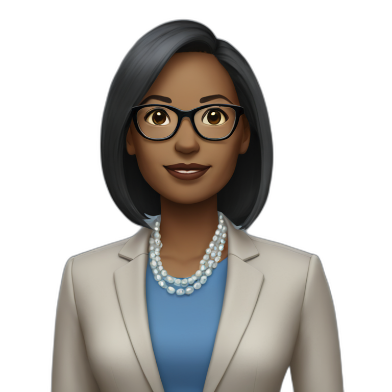 black woman ceo, black glasses, neck length straight hair, blue blazer, pearl necklace emoji