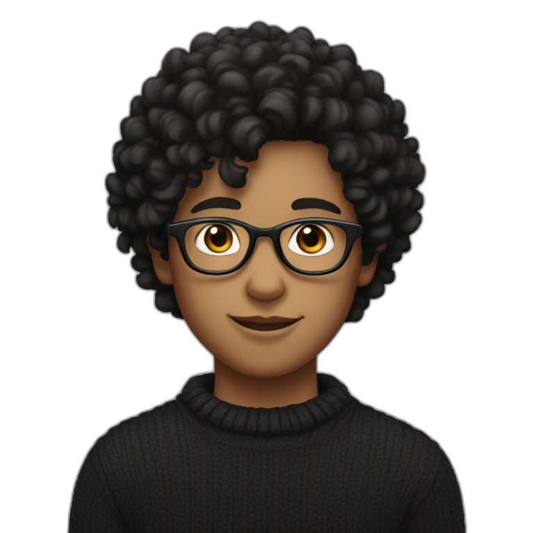 boy with curly black hair, glasses, black sweater and fair complexion emoji