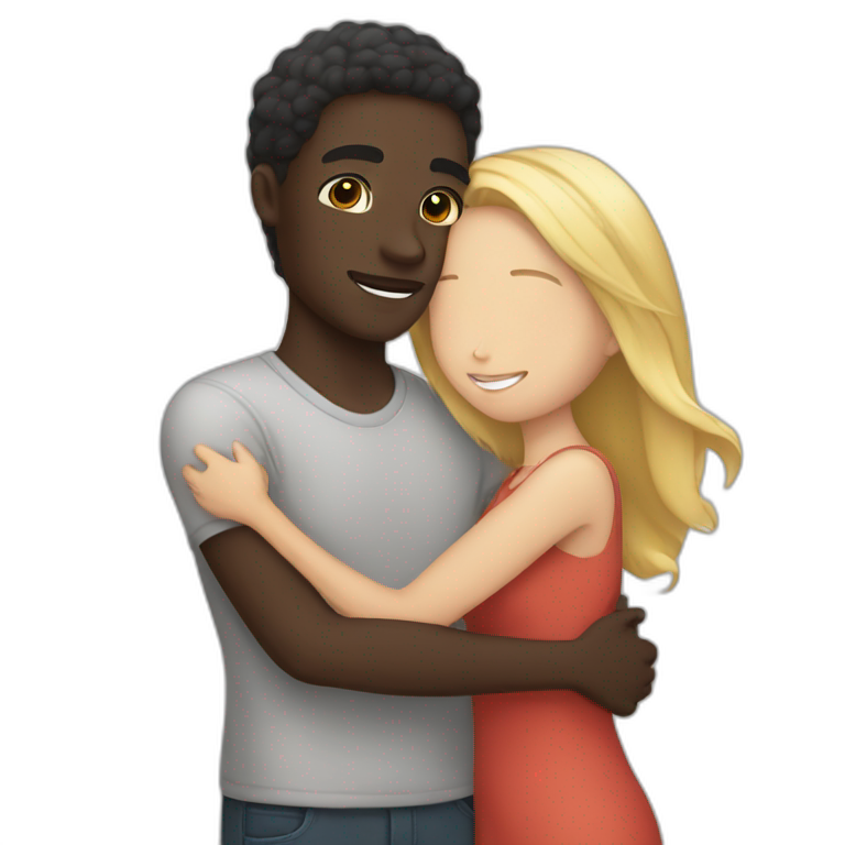 Girl with light skin hugging guy with dark skin  emoji
