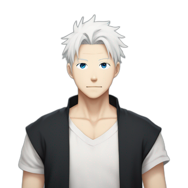gojo satoru from jujutsu kaisen with white hair, blue eyes, who wear a black tshirt and a white baggy pant emoji
