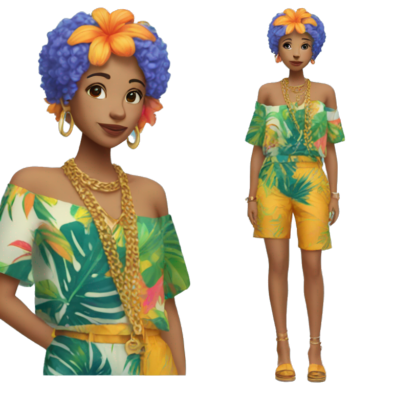 Person wearing funky tropical outfit collage with gold chain necklace and blue and ginger dyed hair emoji
