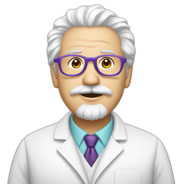 scientist with white coat (white beard, white mustache, white einstein hair, purple circle glasses) emoji