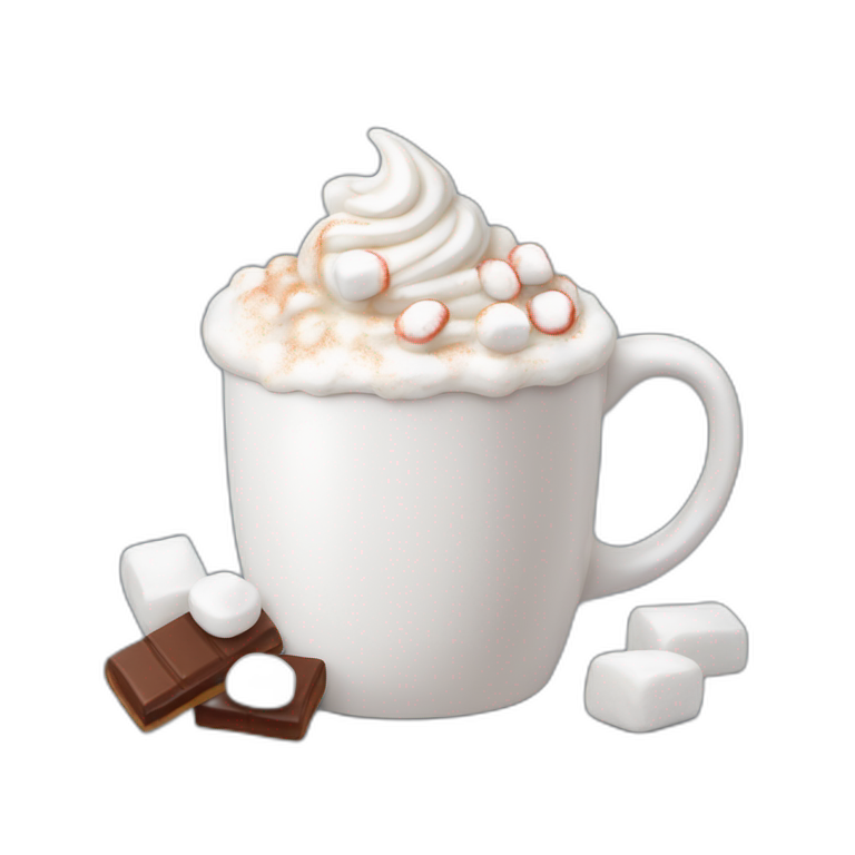 white mug of hot chocolate with mini marshmallows and whipped cream emoji