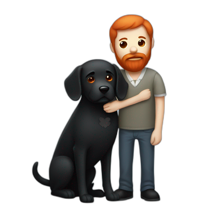 a serious slender man with a red beard hug a black Labrador emoji