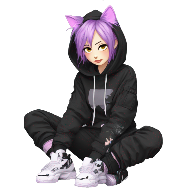 Edgy beautiful pretty anime punk tomboy with cat ears techwear cargo pants hoodie emoji