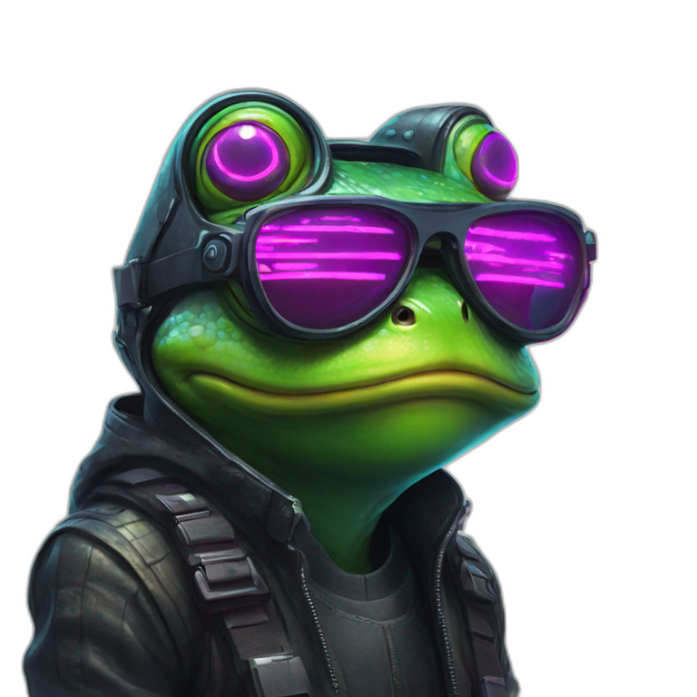 cyberpunk frog with glasses and neon emoji